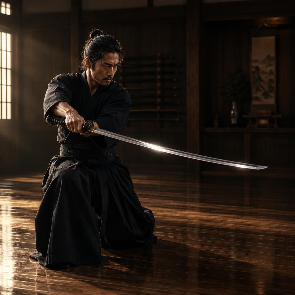 Praticante in keikogi esegue un kata con la katana in un dojo tradizionale
